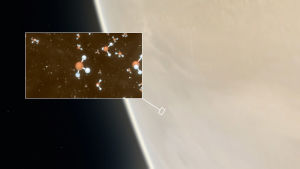 Fosfinmolekyler som svävar i Venus atmosfär. Forskarna tror att fosfin uppstår i mikrobverksamhetens ämnesomsättning som finns i molnen. Fosfinpartiklar på planeten Venus.