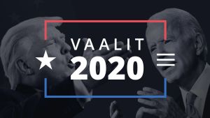 Graafinen kuva, jonka edustalla lukee Vaalit 2020. Kuvan taustalla Donald Trump ja Joe Biden.