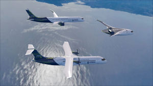 Airbusin kolme vetykäyttöistä konseptikonetta ryhmäkuvassa. Airbusin kolme vetykäyttöistä konseptikonetta.
