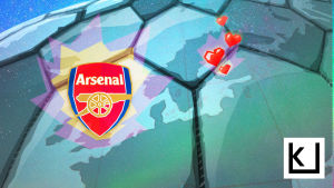 Jalkapallojoukkue Arsenal FC:n logo, taustalla jalkapallo ja kartta