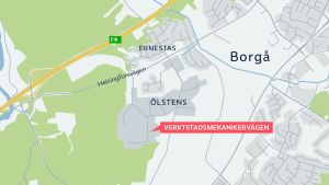 Brottsplatsen i Borgå ligger i ett småindustriområde strax utanför centrum. Grafik karta över stadsdel i Borgå
