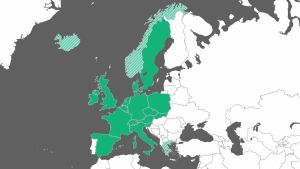 En eller flera av de nya CF-medicinerna ersätts i flera Västeuropeiska länder. I de streckade länderna är ersättningsbesluten behovsprövade. En eller flera av CF-medicinerna ersätts i många andra västeuropeiska länder.