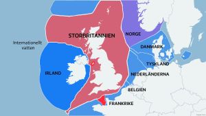 Efter årsskiftet ökar de brittiska fiskarnas fångster ur de egna fiskevattnen. Karta över Storbritanniens stora vattenområden.