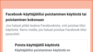 Facebookin termien kanssa on hyvä olla tarkkana. Tilin käytöstä poistaminen on eri asia kuin tilin poistaminen. Kuvakaappaus Facebookin asetuksista: Valittuna Poista käyttäjätili käytöstä.