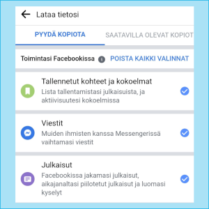Jos lataat kaikki tietosi korkealaatuisina, varaudu odottamaan melko pitkäänkin. Kuvakaappaus Facebookin asetuksista: Omista tiedostoista luodaan kopioita -teksti.
