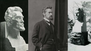 Robert Kajanus valokuvattuna 1906, rintakuvan kipsivaloksessa ja Emil Wikströmin veistoksena Visavuoressa.