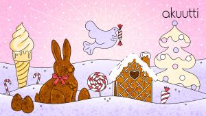 Vaaleanpunapohjaisessa kuvassa suklaapupu, suklaamökki, jäätelö, rauhakyyhky karkkisuussa ja lumisessa maisemassa tikkareita sekä vaalea joulukuusi.