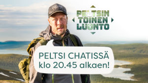 Mikko Peltola tunturissa, kuvassa puhekupla, jossa lukee Peltsi chatissä klo 20.45 alkaen!