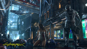 En av de första pressbilderna från Cyberpunk 2077. Skärmdump ur Cyberpunk 2077. En kvinna sitter på knä på asfalten. Brevid henne står en man i stridsutrustning. Han riktar en pistol mot kvinnans huvud