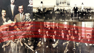 Vasemmassa yläkulmassa säveltäjä Karl Rautio perheineen vuonna 1929, oikealla Petroskoin sinfoniaorkesteri Leningradissa 1937 ja alapuolella Leopold Teplitskin jazz-orkesteri. Vasemmassa alakulmassa Petroskoin opettajaopiston opettajia talkoissa 1935. Kuvakollaashissa Petroskoissa vaikuttanut säveltäjä Karl Rautio perheineen, Petroskoin sinfoniaorkesteri, leningradilainen jazz-orkesteri ja petroskoilaisia opettajaopiston talkoolaisia.
