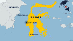 Den hårt drabbade staden Mamuju har över 110 000 invånare. Karta som visar var Mamuju ligger på ön Sulawesi i Indonesien.
