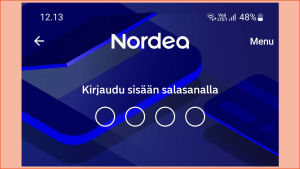 Mobiilipankkiin pääsee halutessaan pelkällä nelinumeroisella koodilla. Tässä aloitussivulla varoitellaan myös huijausviesteistä Nordean mobiilipankin kirjautumisnäkymä, kirjautuminen salasanalla.