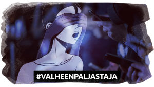 Kuvassa piirretty hahmo, jonka silmillä joku pitää käsiä niin, ettei hän näe