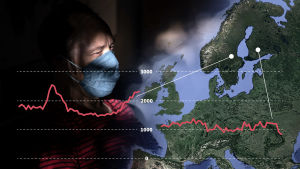 Illustrationsbild på antalet dödsfall per vecka i Sverige och Finland år 2020. Ett fotocollage med en äldre man som bär munskydd, i vänster hörn. Till höger finns en karta över Europa. Överst på bilden finns diagram som visar den svenska och finska dödlighetskurvan 2020.