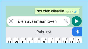 Muun muassa pikaviestimiiin voi sanella tekstiä näpyttelyn sijaan. Tässä Whatsapp. Kuvakaappaus Whatsappista: Viestin sanelu käynnissä.