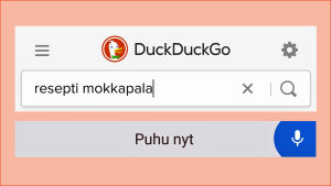Jopa hakukenttään voi sanella. Tässä Android-puhelin ja hakukoneena Googlen sijaan Duckduckgo. Kuvakaappaus puhelimen DuckDuckGo-hakukoneesta, haettuna sanelemalla mokkapalareseptiä.