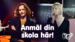Paul Elias och Sandra Långbacka drar låtskrivarworkshop. Paul och Sandra med texten Anmäl din skola här!