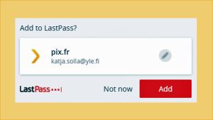 Kun kirjaudut haluamaasi palveluun, LastPass ehdottaa sen lisäämistä. Kuvakaappaus selaimesta: LastPassin ponnahdusikkuna kysyy, haluatko liittää sivun.