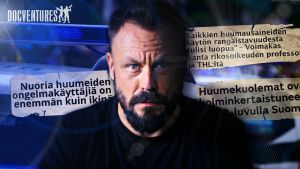 Riku Rantala kuvassa, jossa taustalla näkyy lehtiotsikoita revinttyinä.