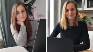Sofie Railila och Ida Sandholm jobbar i den svenskspråkiga barn- och ungdomstelefonen. två kvinnor sitter vid sina laptops
