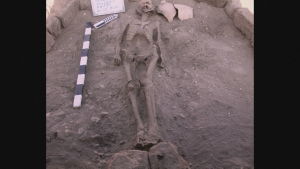 Ett av de märkligaste fynden är ett begravt skelett med hopknutna ben. Fynd från egyptisk utgrävning