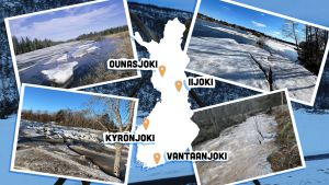 Suomen kartta, johon merkitty 4 keväistä jokea.