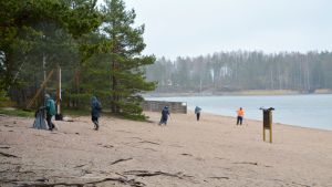 Metodiskt och i munter anda städar deltagarna upp stranden. Folk städar på simstrand i regnigt väder.
