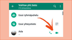 Kuvakaappaus Whatsappista: Ennen puhelua valitaan ääni- tai kuvapuhelu.