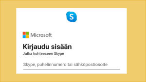 Kuvakaappaus Skype-sovelluksen kirjautumisikkunasta. Mukana Microsoftin logo.