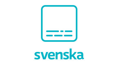 Symbolen består av en turkos fyrkant med rundade hörn. Inne i fyrkantens nedre del två rader med vågräta streck av varierande längd. Under fyrkanten texten Svenska skrivet i turkost.