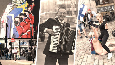 Kollage med musikfestiovalpublik, prins Philips begravning, dragspelsgubbe och hockeyfirande.