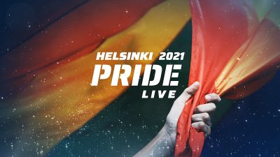 Käsi pitelee sateenkaarilippua - kuvassa teksti Helsinki Pride 2021 Live