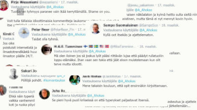 Kuvakaappaus ohjelmasta Planeetta on tulessa!. Kuvassa useita ikäviä Twitter-viestejä.