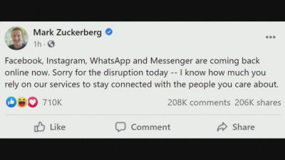 Facebookgrundaren Mark Zuckerberg bad om ursäkt för avbrottet då Facebook och dess tjänster började komma igång igen.
