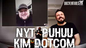Kim Dotcom ja Riku Rantala skype-yhteydessä, tekstinä: Nyt puhuu Kim Dotcom