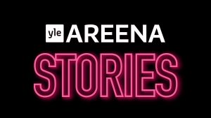 Mustalla pohjalla Yle Areenan logo ja pinkillä hohtavalla tekstillä sana stories.