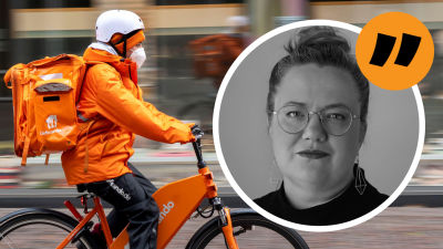 Grafik. Till vänster ett cykelbud på en orange cykel. Till höger en bild av en kvinna som poserar för kameran.