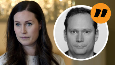 Grafik där man ser Sanna Marin till vänster. Till höger syns fotografi av journalisten Anders "AG" Karlsson.