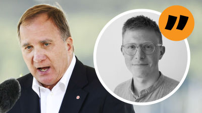 I bakgrunden bild av Stefan Löfven som pratar under en presskonferens. I förgrunden inklippt grafik på reporter Lucas Dahlström för att signalera att den här texten är en kommentar.