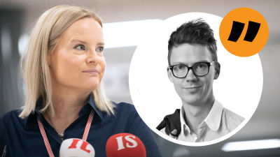 Kolumnistens bild i en cirkel och i bakgrunden statsminister Riikka Purra.