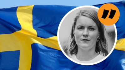 En bild på Sveriges flagga med Marianne Sundholms bild ovanpå.