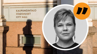 Stadshusets vägg i Helsingfors och Ingemo Lindroos bild ovanpå i vinjett.