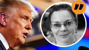 Det finns anledning att tro att Trump säkert får en del sympatipoäng för sitt insjuknande, skriver Svenska Yles utrikeschef Susanna Sjöstedt. USA:s president Donald Trump i närbild till vänster och en boll med ett kvinnoansikte (Svenska Yles reporter Susanna Sjöstedt) till höger. Ovanför kvinnoansiktet syns en gul boll med citattecken.