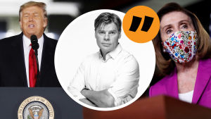 Donald Trumps agerande har fått ledande demokrater som Nancy Pelosi att kräva rättegång, men frågan är om demokratiska partiet vinner eller förlorar på en sådan, dryftar USA-korrespondent Ville Hupa. Bildmontage/grafik. Till vänster syns Donald Trump som grimaserar och står vid ett talarpodium. Till höger syns Nancy Pelosi i munskydd. Hon tittar åt sidan. I mitten syns redaktör Ville Hupa och ett citattecken.