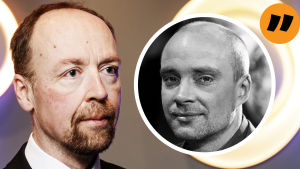 Sannfinländarna vill gärna måla ut sig som det frispråkiga ocensurerade partiet, men när det handlar om de egna är det tand för tunga som gäller för partiordföranden, skriver Freddi Wahlström i sin analys. Kommentarsbild med reporter Fredrik Wahlström till höger och Sannfinländarnas ordförande Jussi Halla-aho till vänster.