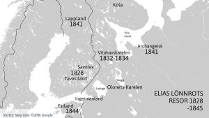 Elias Lönnrot reste runt under flera år och samlade in material till Kalevala. Bland annat var han i Valamo i Savolax, i Akonlahti, Vuonninen, Latvajärvi och Uhtua i Vitahavskarelen samt i Kemi och Inari i Lappland. Elias Lönnrots insamlingsresor för Kalevala.