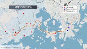 Karta över västmetron och startpunkterna i Yle Huvudstadsregionens kartläggning