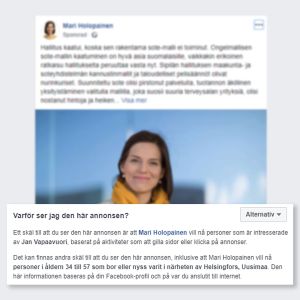 De Grönas kandidat Mari Holopainen fokuserar på dem som tidigare röstat på Jan Vapaavuori, Helsingfors samlingspartistiske borgmästare. Skärmdump av Facebookannons för de Grönas riksdagsvalskandidat Mari Holopainen
