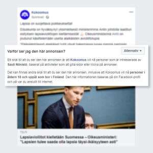 Samlingspartiets kandidat Antti Häkkänens annons riktar sig till personer som är intresserade av president Sauli Niinistö på Facebook. Skärmdump av Facebookannons för Samlingspartiets riksdagsvalskandidat Antti Häkkänen