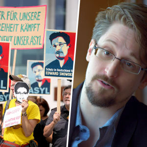 Edward Snowden läckte hemligstämplade dokument. Kollage med Edward Snowden samt demonstranter som stöder honom.
